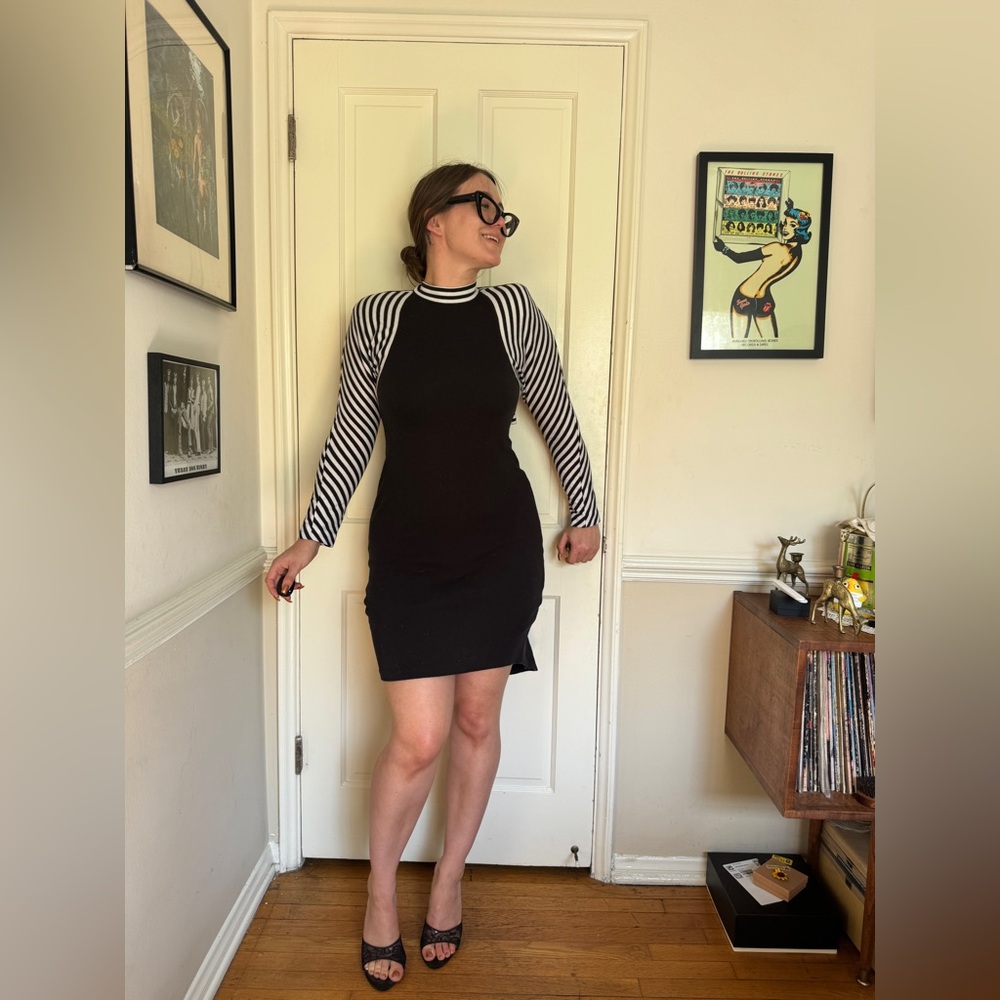 80s Vintage Black Long Sleeve Dress with Black and White Striped Sleeves